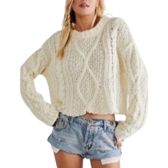 Free People Cutting Edge Cable Chunky Knit White Crop Sweater, L - Picture 1 of 15
